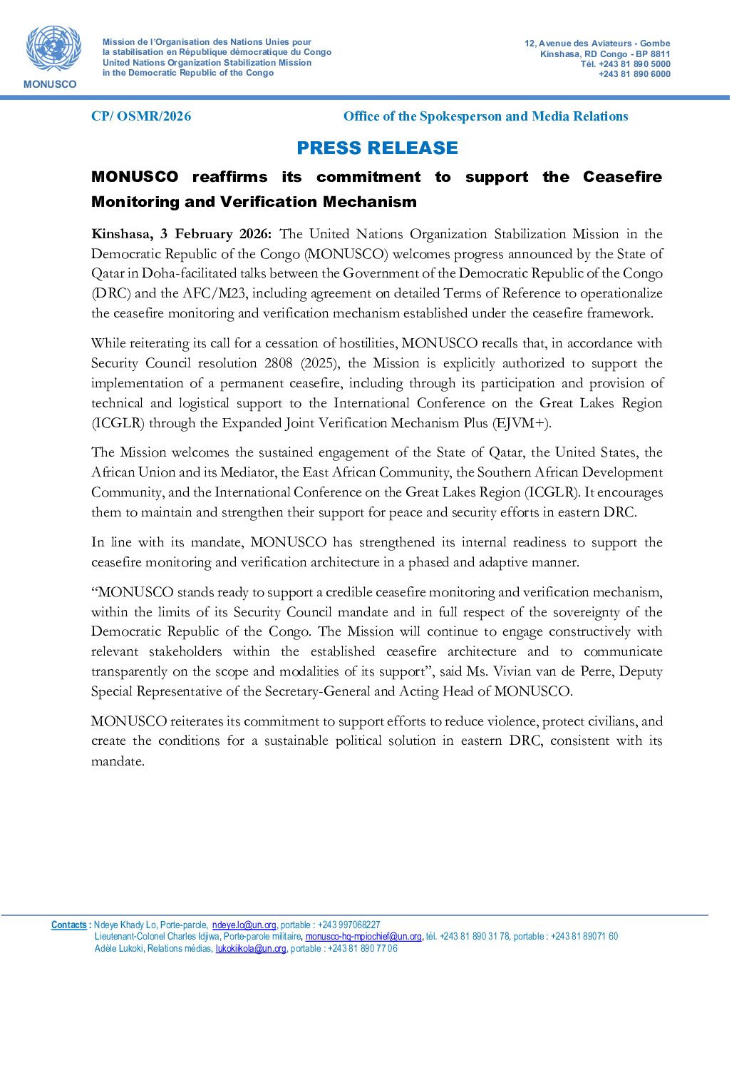 La MONUSCO réaffirme son engagement à soutenir le cessez-le-feu et Mécanisme de surveillance et de vérification